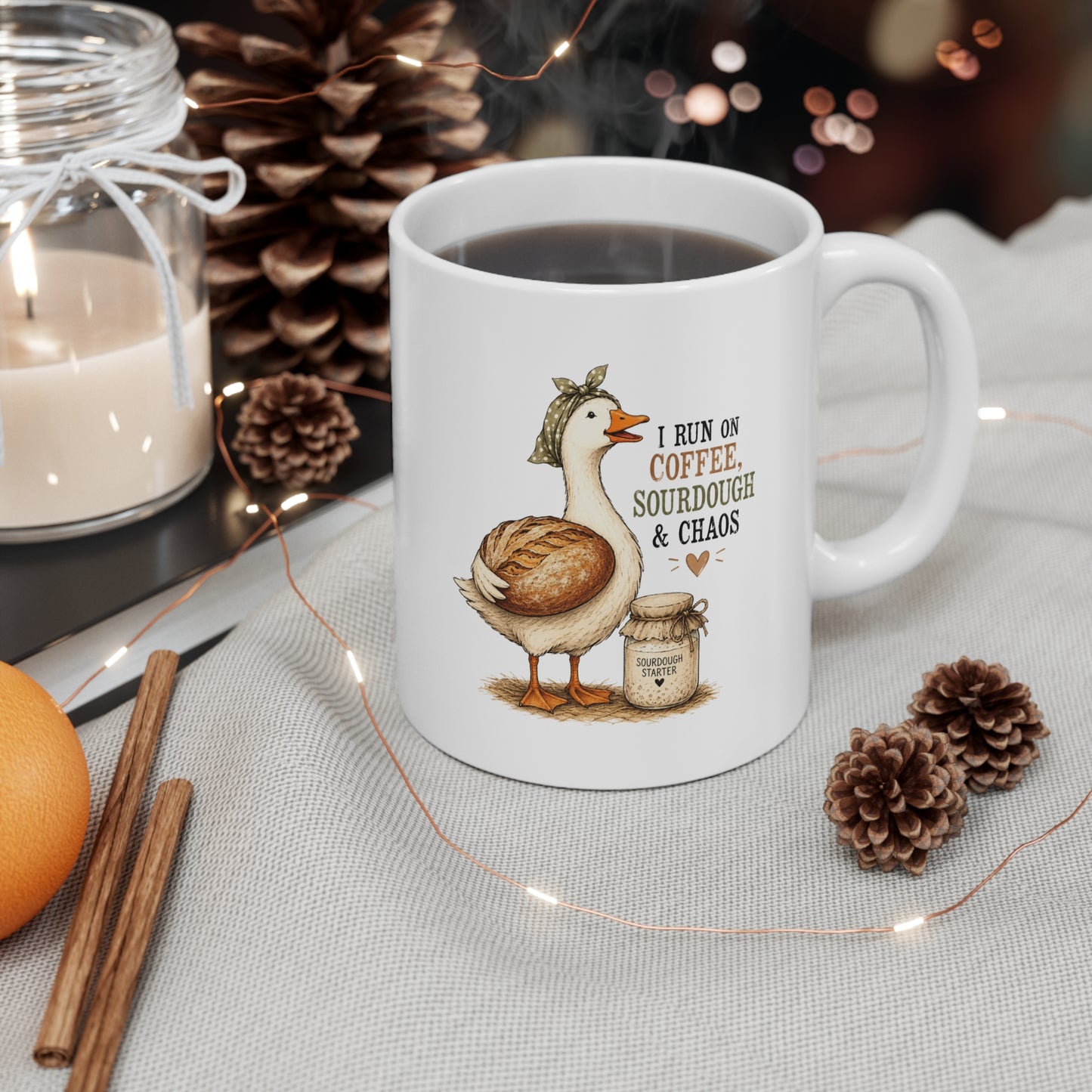 "I Run on Coffee, Sourdough & Chaos" Cute Goose Design - Coffee & Sourdough Mug