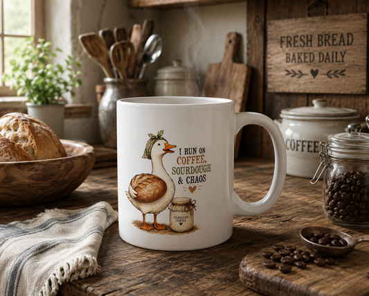 "I Run on Coffee, Sourdough & Chaos" Cute Goose Design - Coffee & Sourdough Mug