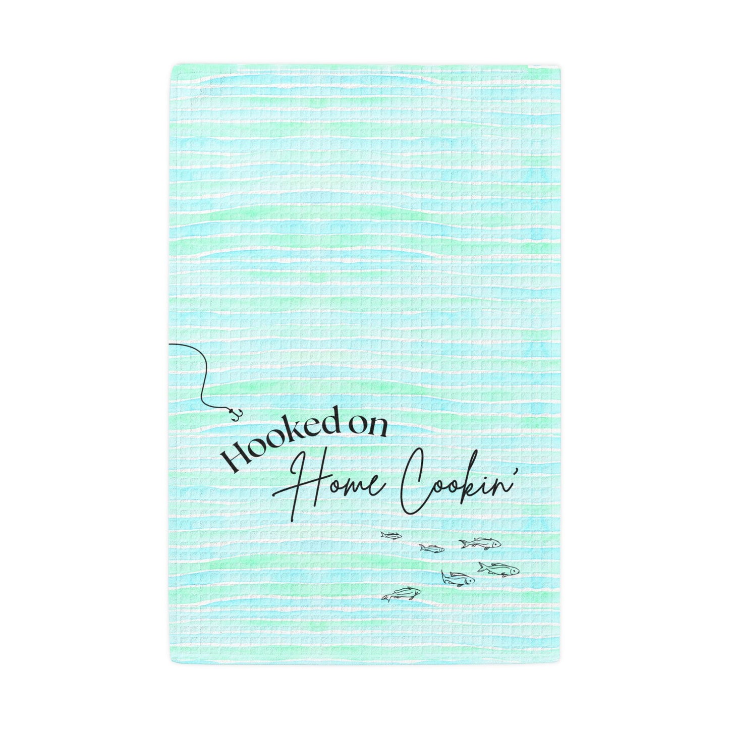 Kitchen Hand Towel — "Hooked on Home Cookin'" Teal Waffle Weave
