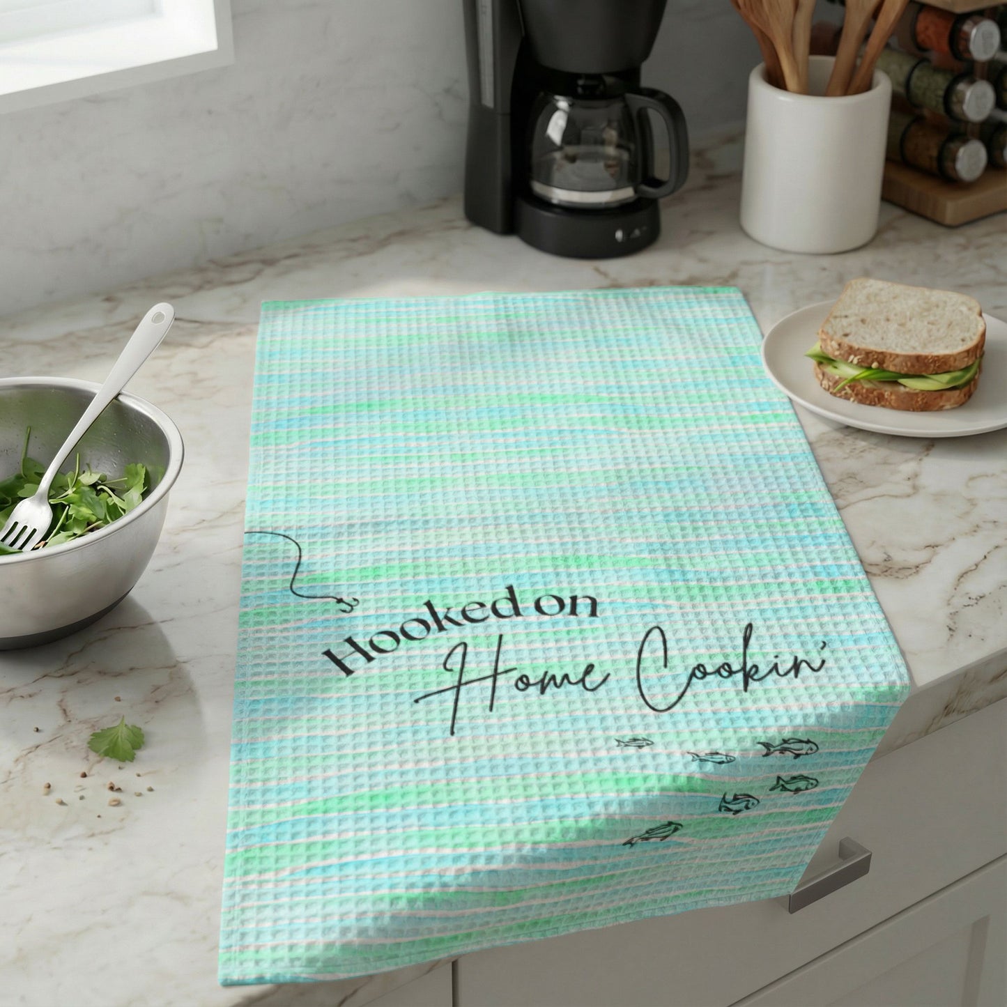 Kitchen Hand Towel — "Hooked on Home Cookin'" Teal Waffle Weave