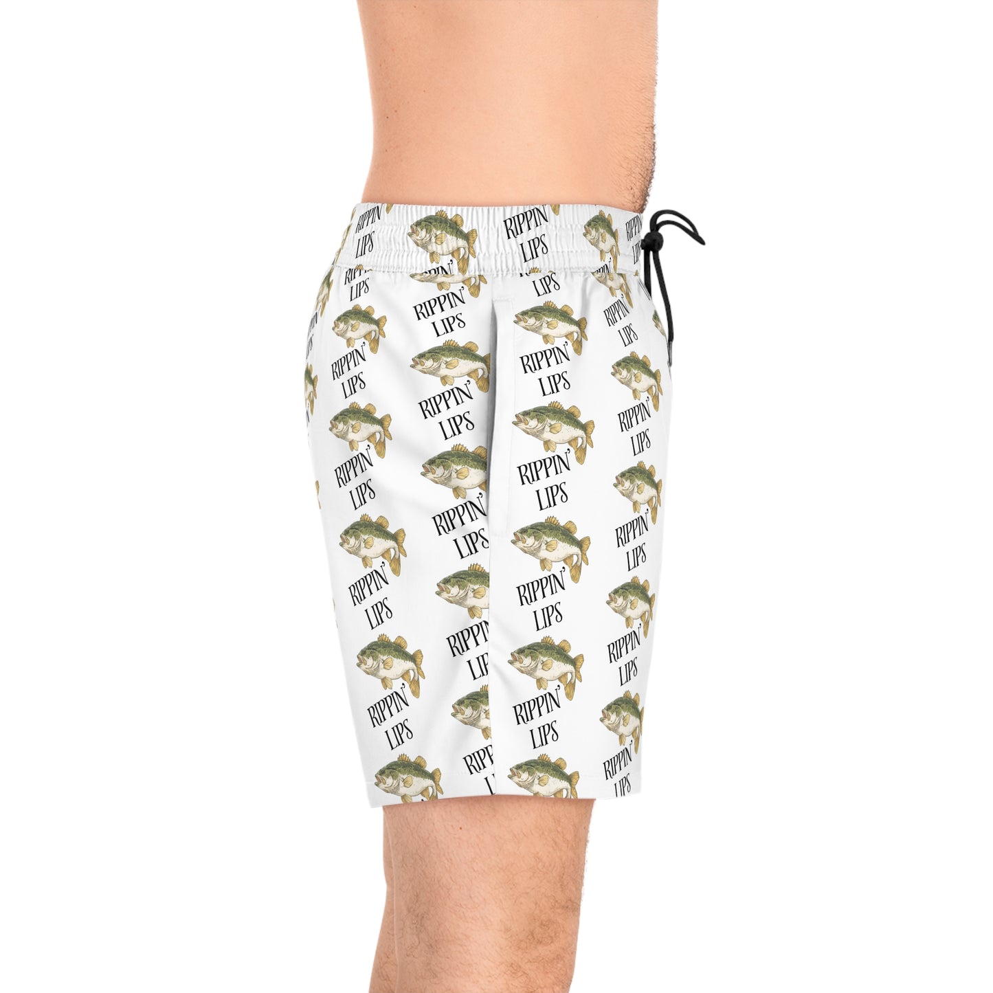 Fishing Swim Trunks — 'Rippin' Lips' Bass Pattern Mid-Length Lake Shorts