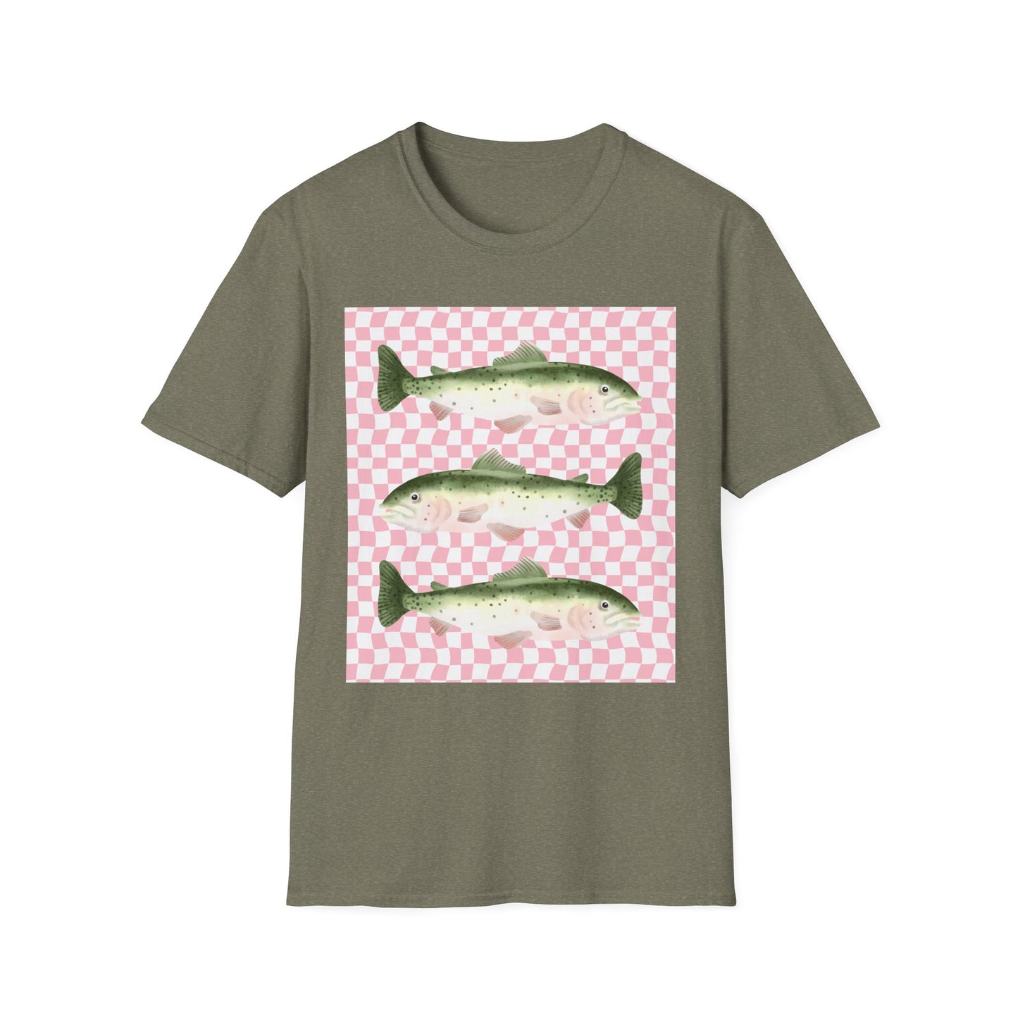 Three Vintage Fish T-Shirt | Pink Checkerboard Background