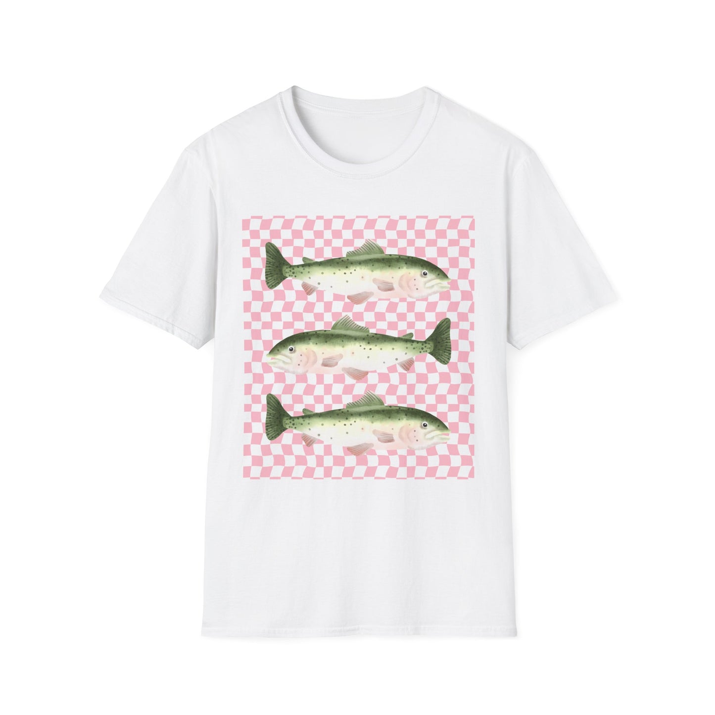 Three Vintage Fish T-Shirt | Pink Checkerboard Background