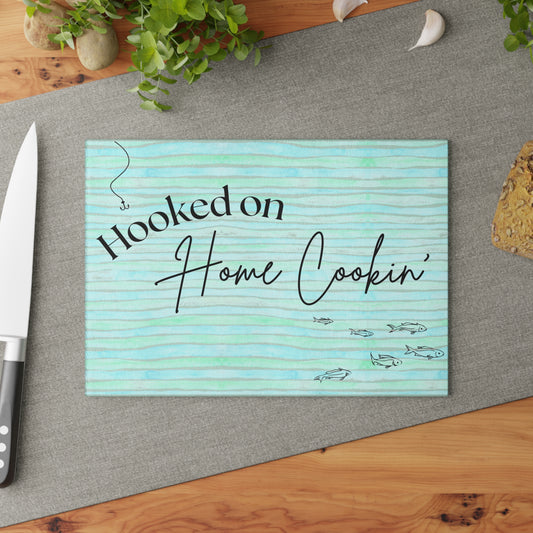 Hooked on Home Cookin' Glass Cutting Board – Coastal Kitchen Decor