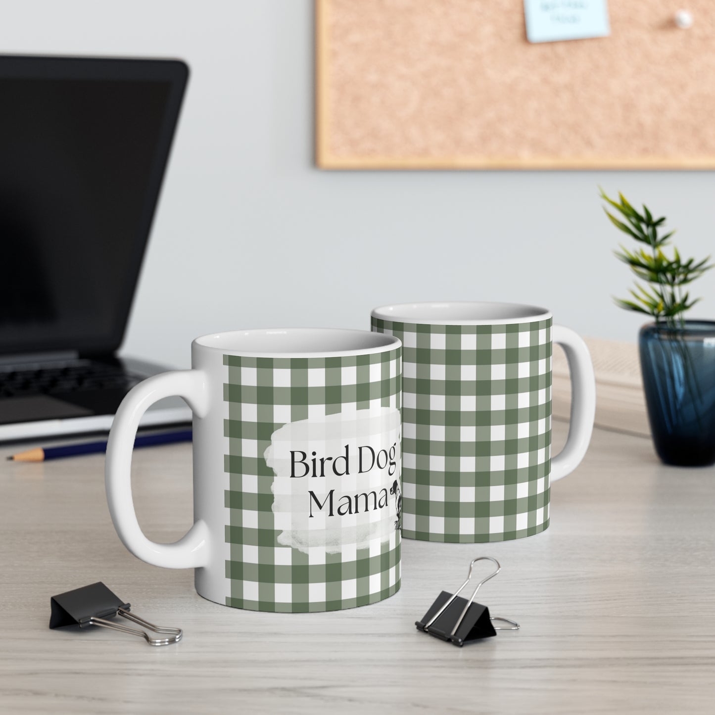 Bird Dog Mama Ceramic Mug — 11oz Green Gingham Coffee Cup