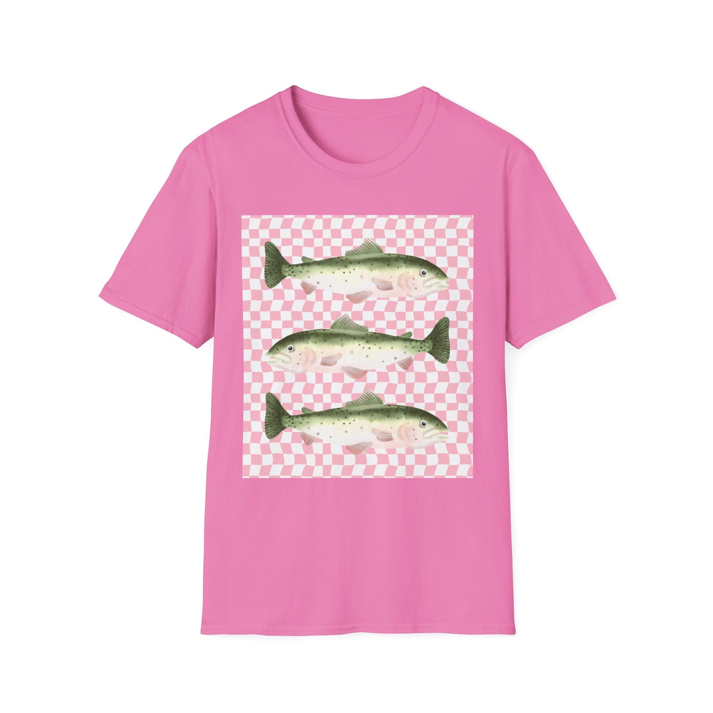 Three Vintage Fish T-Shirt | Pink Checkerboard Background