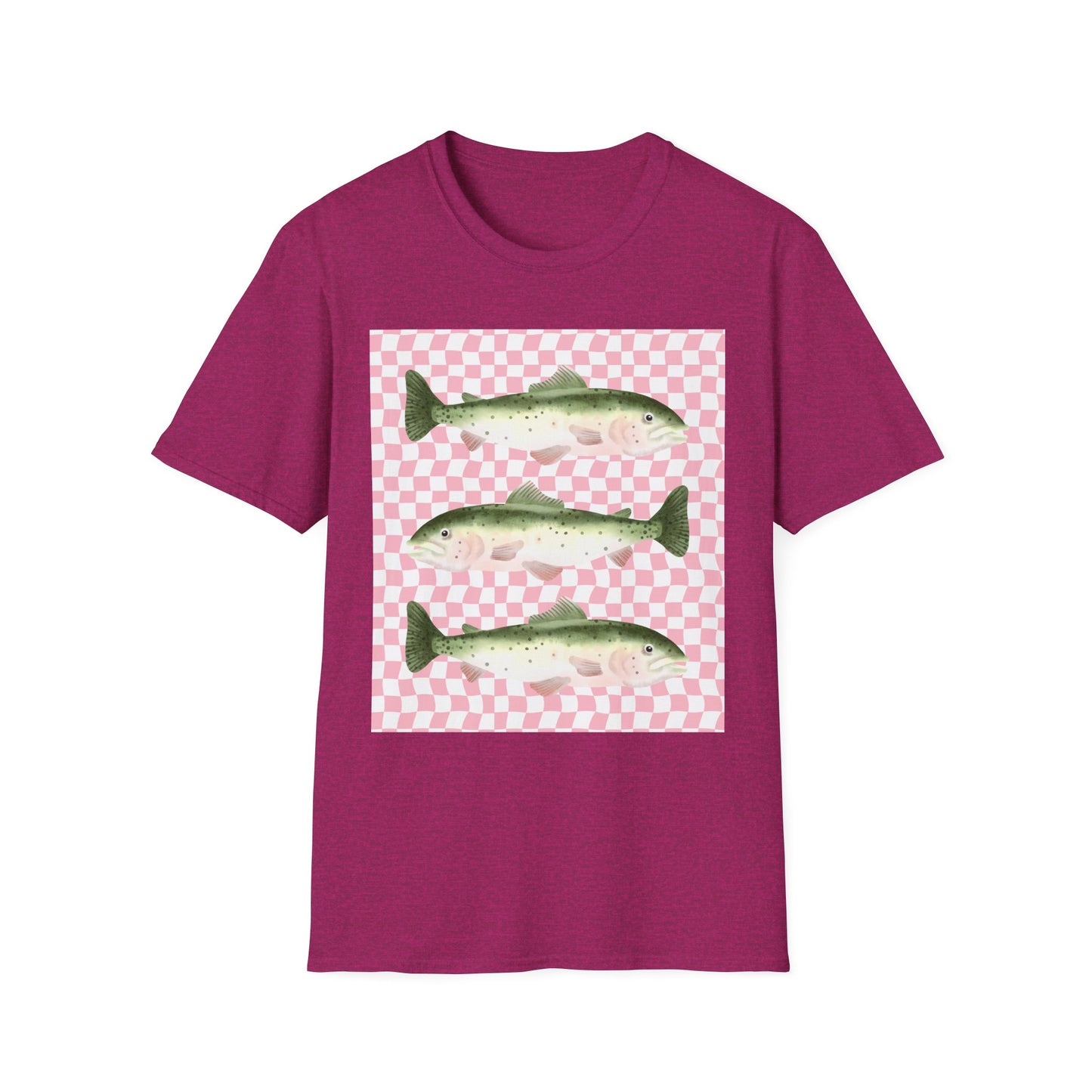Three Vintage Fish T-Shirt | Pink Checkerboard Background