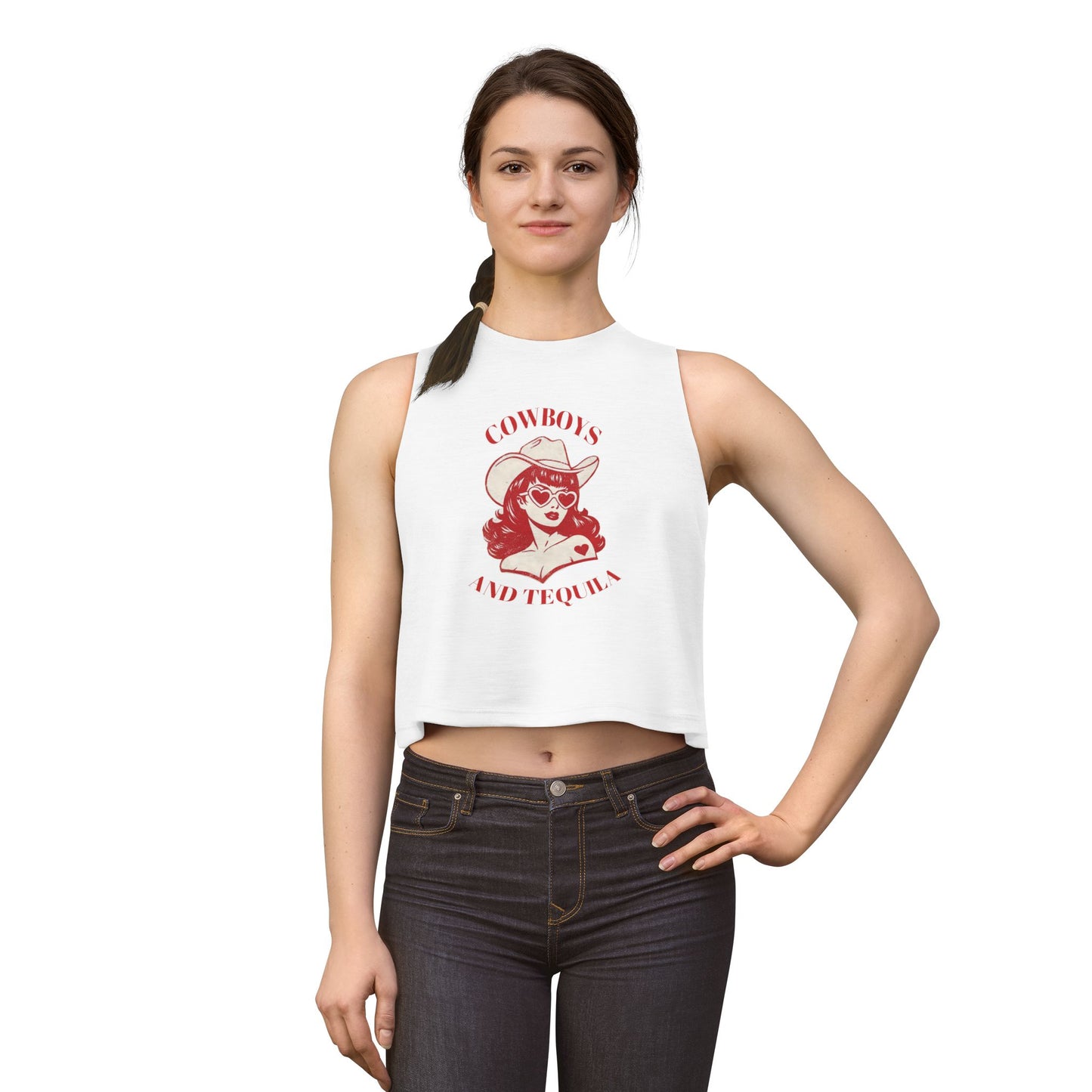 Cowboys and Tequila Crop Top — Retro Cowgirl Graphic Tank for Summer & Festivals