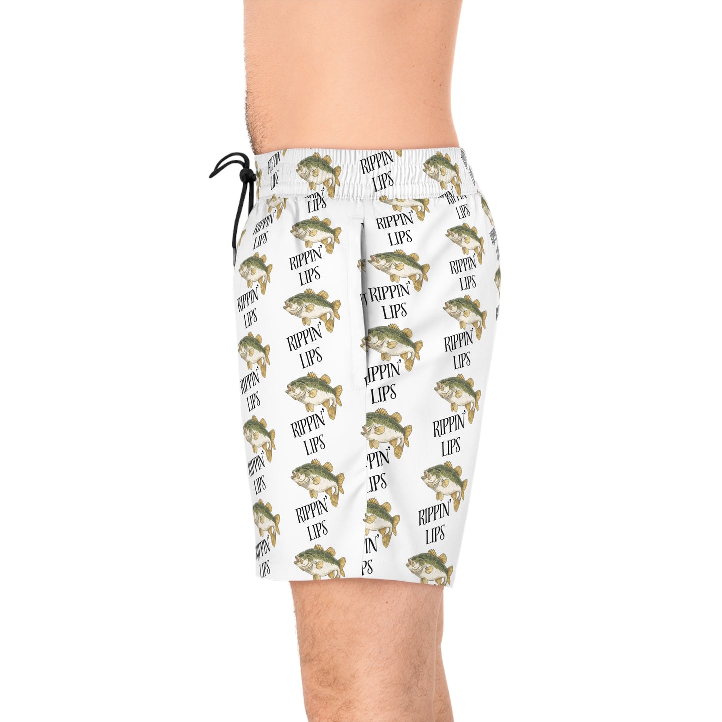 Fishing Swim Trunks — 'Rippin' Lips' Bass Pattern Mid-Length Lake Shorts
