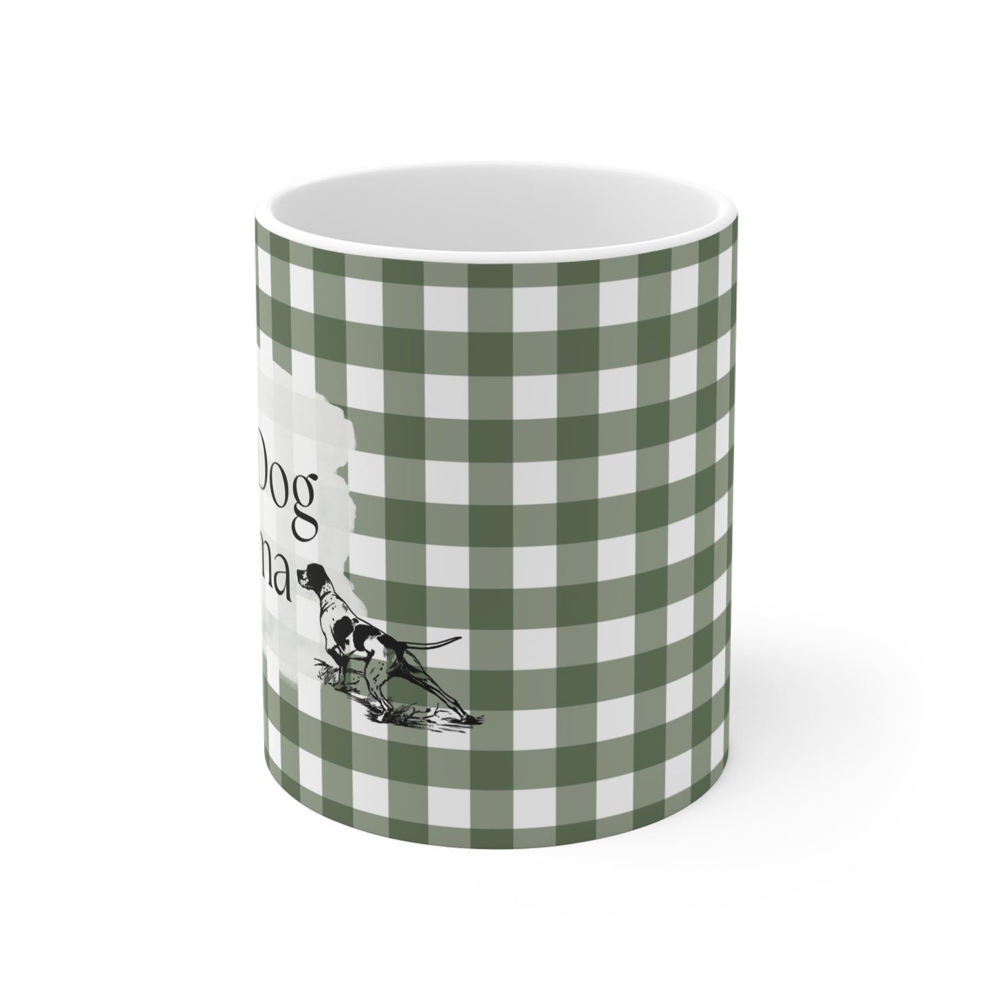 Bird Dog Mama Ceramic Mug — 11oz Green Gingham Coffee Cup