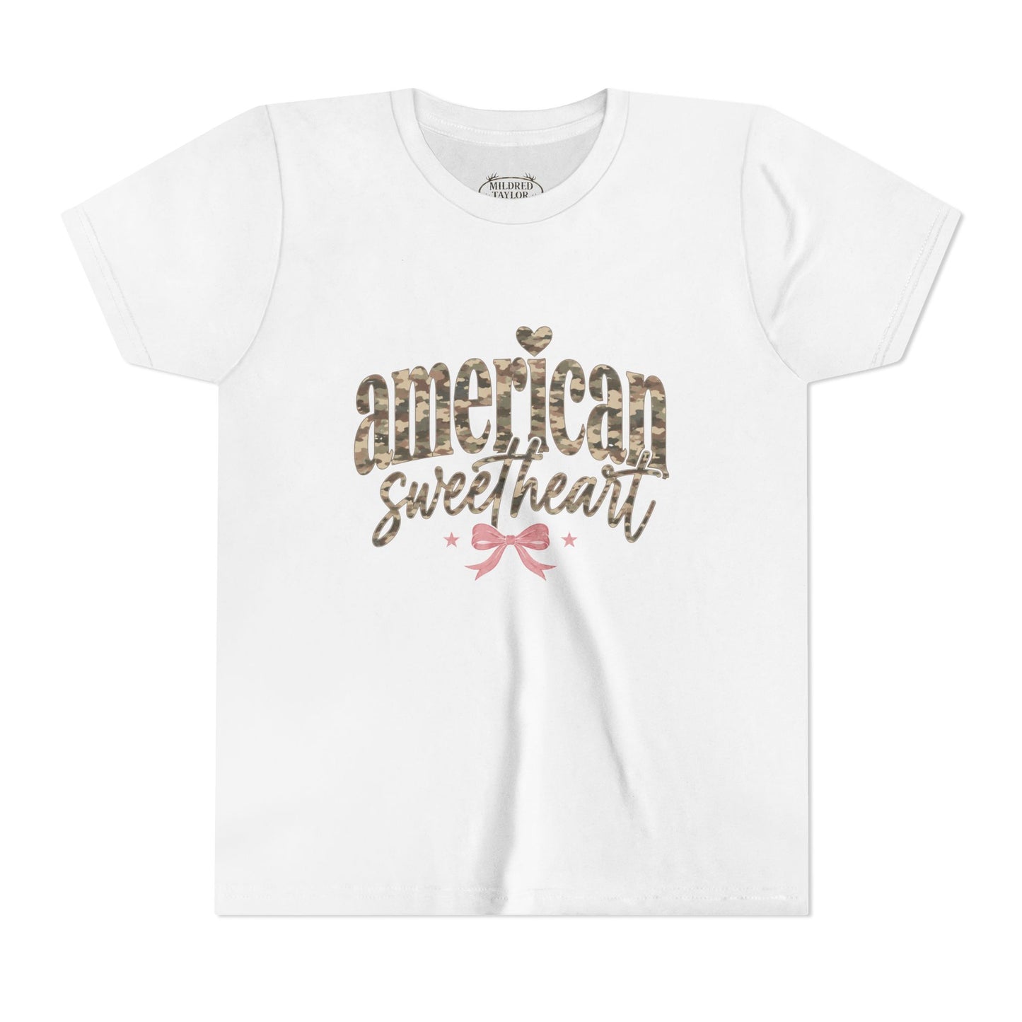 American Sweetheart Youth Tee — Camouflage Print Patriotic Kids Shirt