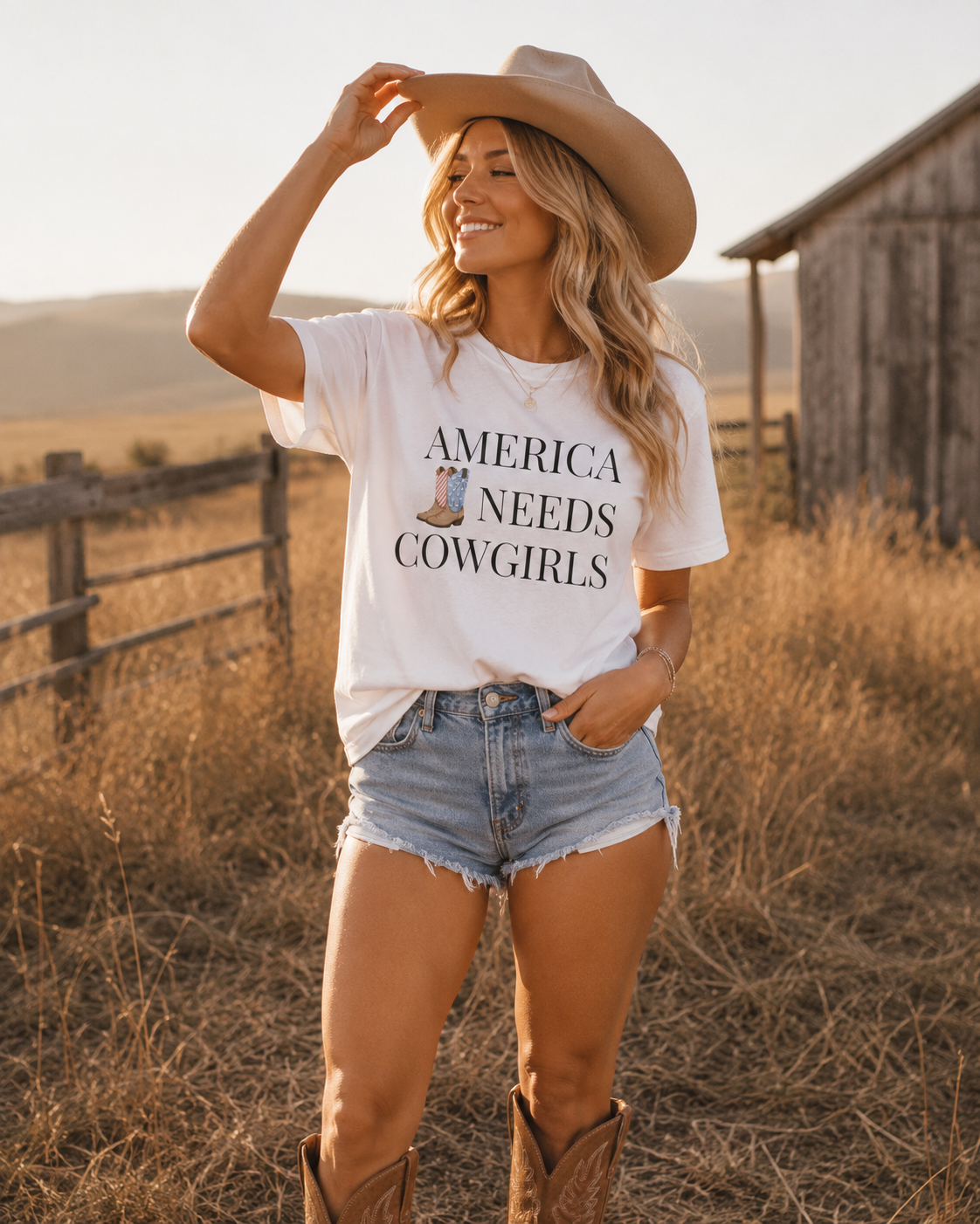 America Needs Cowgirls Tee — Cowboy Boots Graphic Shirt