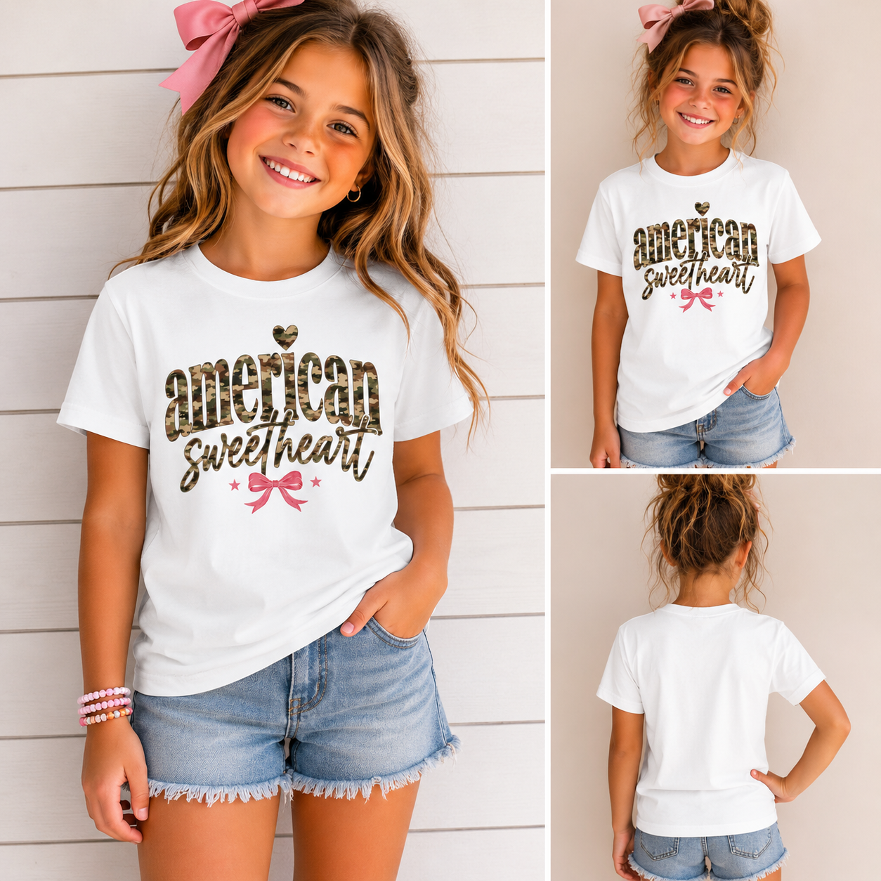 American Sweetheart Youth Tee — Camouflage Print Patriotic Kids Shirt