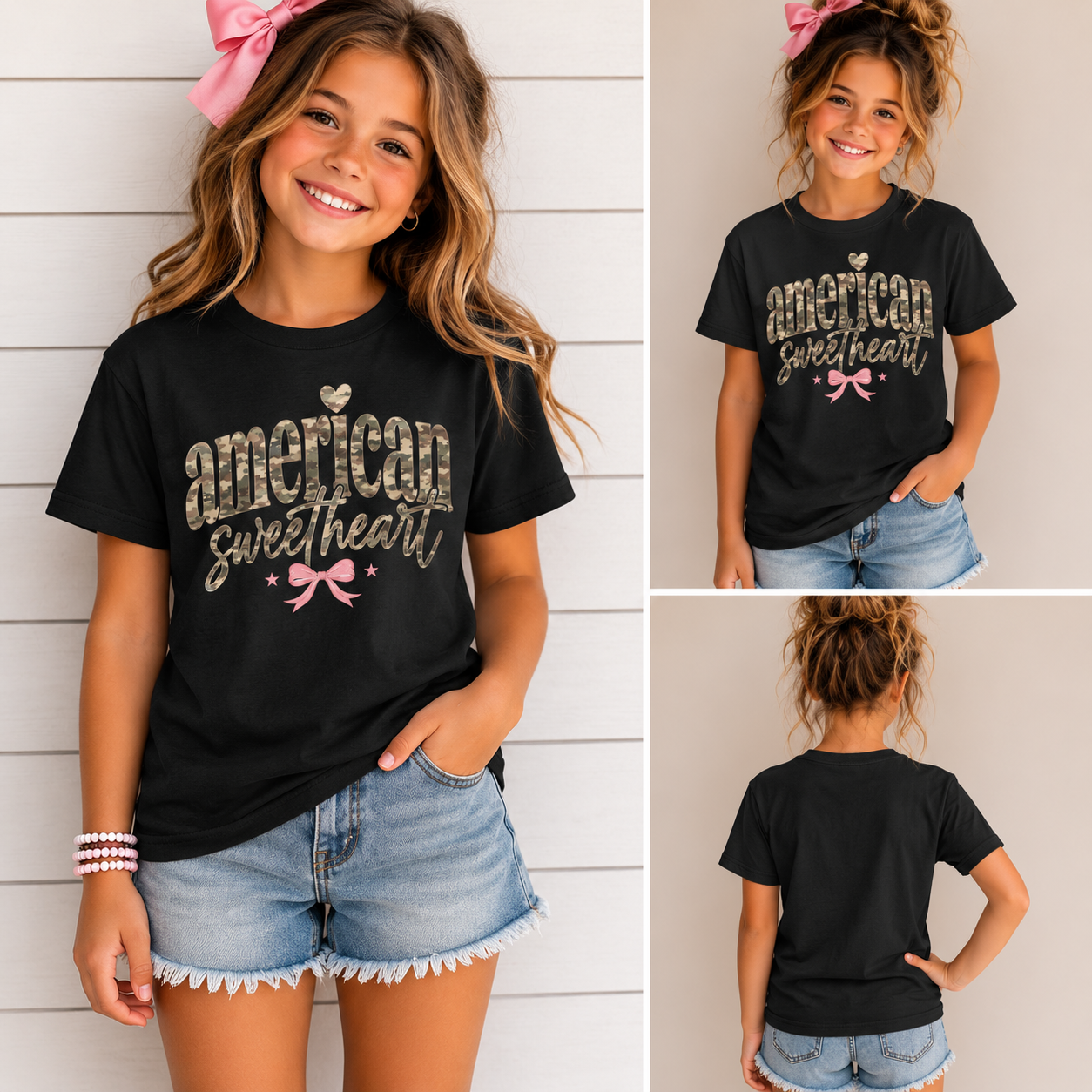 American Sweetheart Youth Tee — Camouflage Print Patriotic Kids Shirt