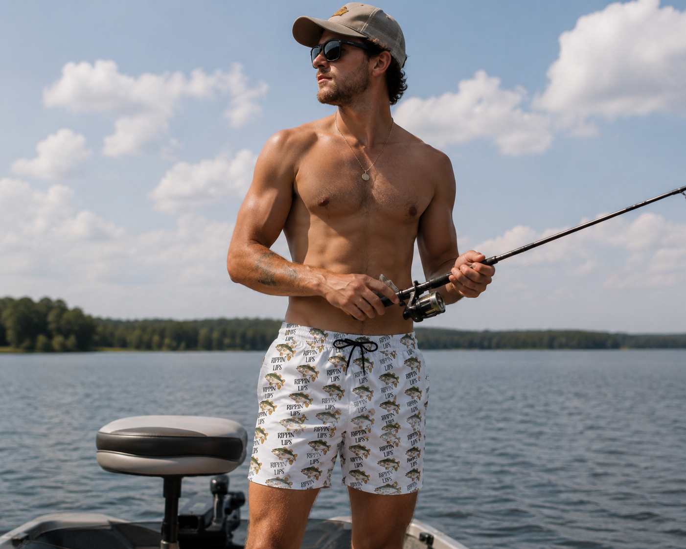Fishing Swim Trunks — 'Rippin' Lips' Bass Pattern Mid-Length Lake Shorts