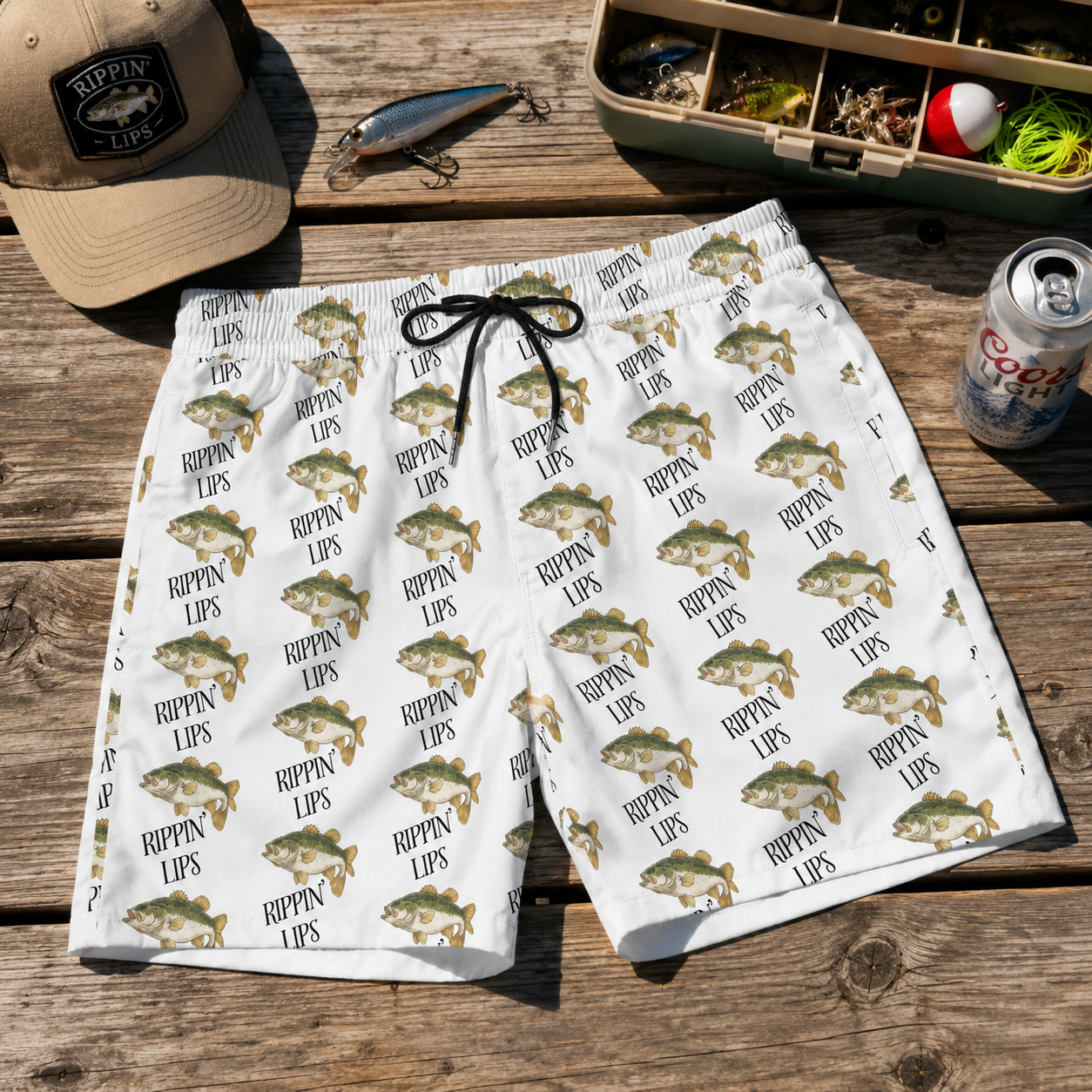 Fishing Swim Trunks — 'Rippin' Lips' Bass Pattern Mid-Length Lake Shorts