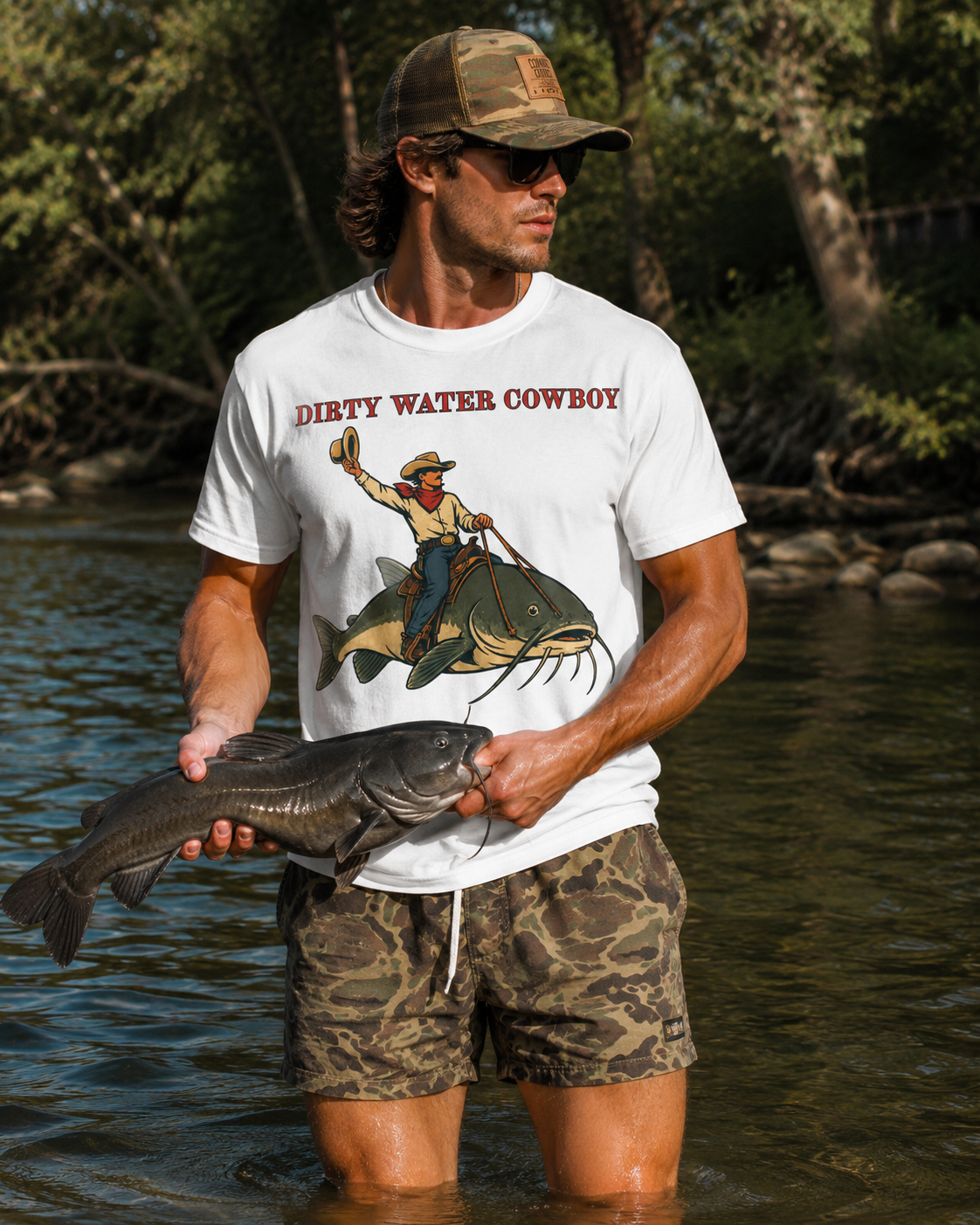 Dirty Water Cowboy T-Shirt – Vintage Fishing Catfish Cowboy Tee