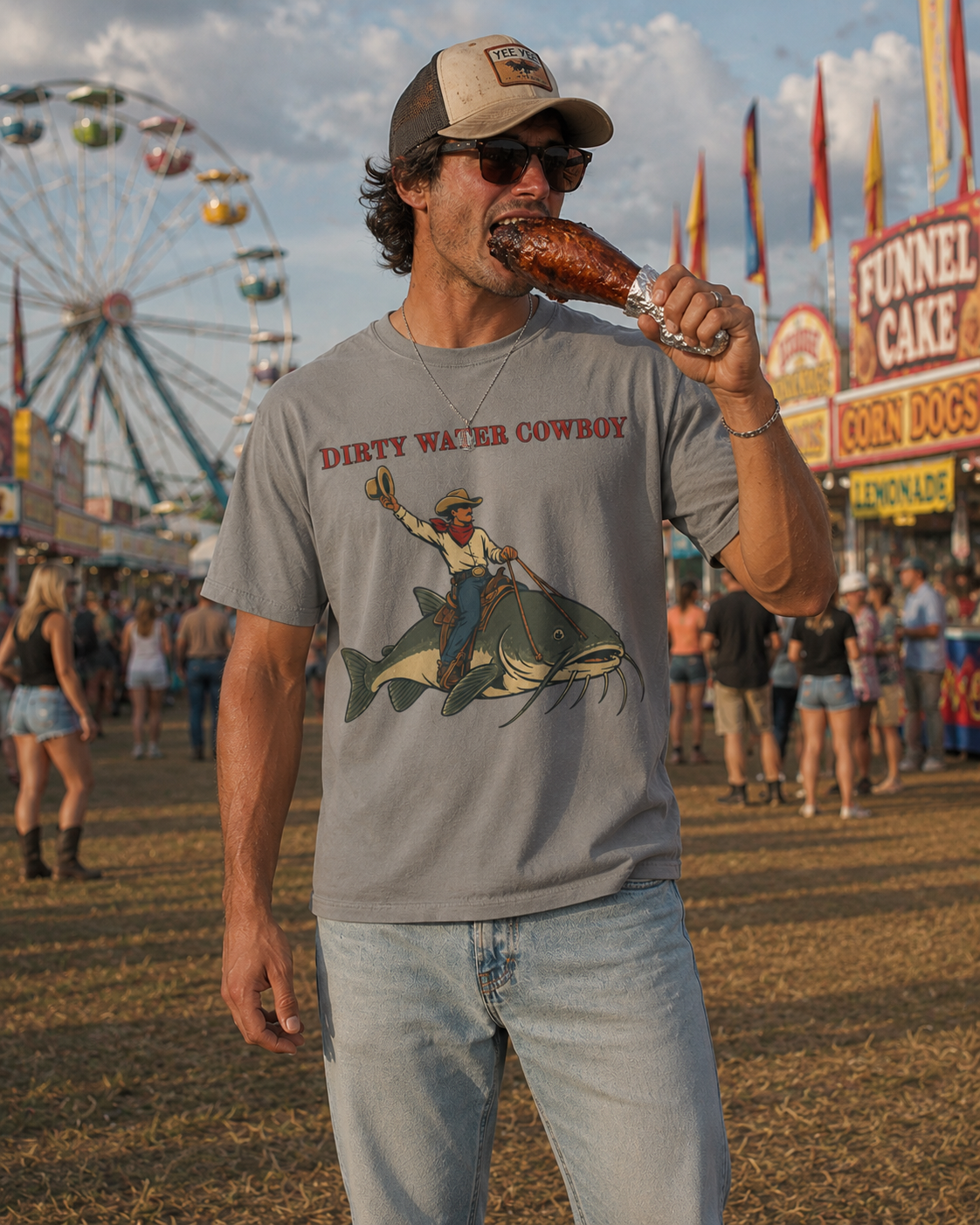 Dirty Water Cowboy T-Shirt – Vintage Fishing Catfish Cowboy Tee
