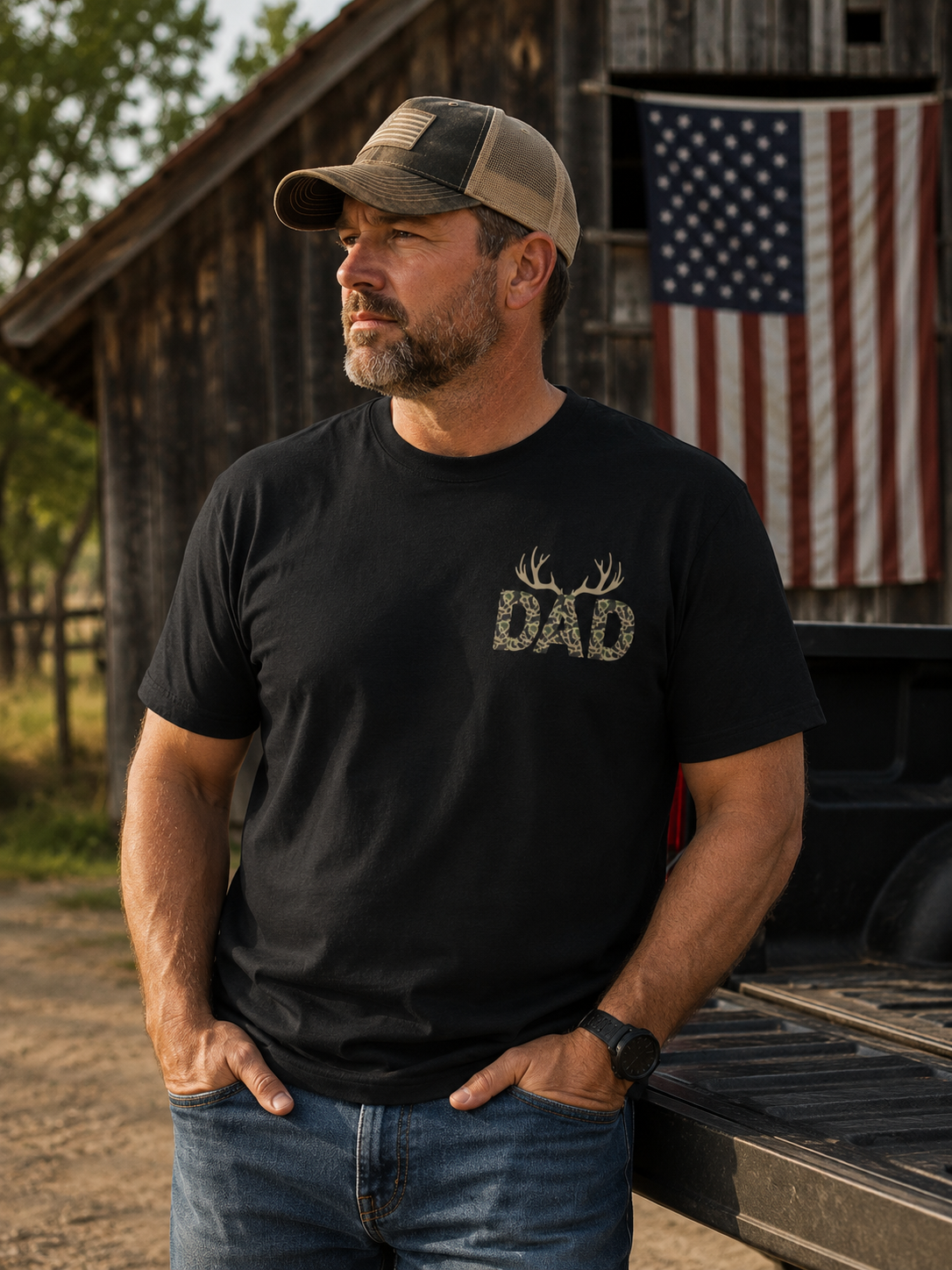 Dad Camo Deer Antler Shirt, Country Dad Hunting T-Shirt, Rustic Fathers Day Gift for Hunter, Antlers Graphic Tee for Dad, Outdoorsman Gift