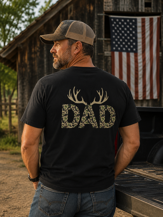 Dad Camo Deer Antler Shirt, Country Dad Hunting T-Shirt, Rustic Fathers Day Gift for Hunter, Antlers Graphic Tee for Dad, Outdoorsman Gift
