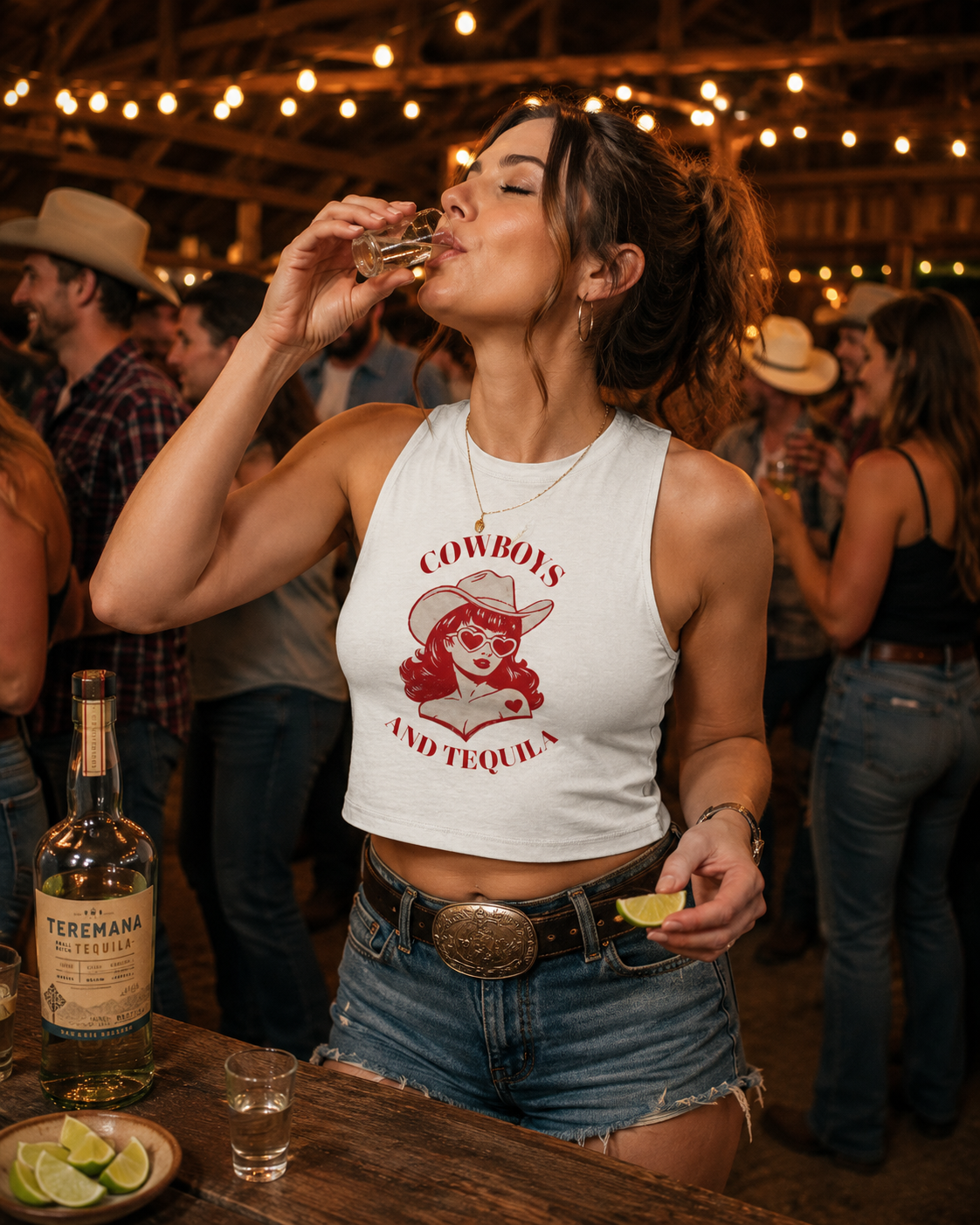 Cowboys and Tequila Crop Top — Retro Cowgirl Graphic Tank for Summer & Festivals