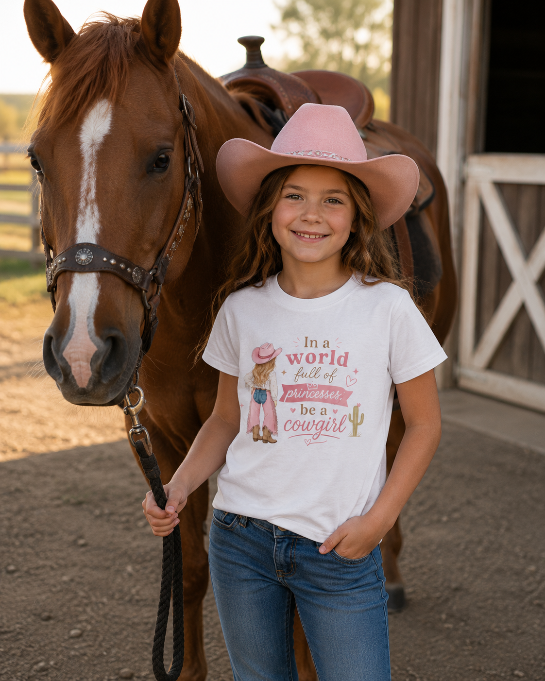 "In a world full of princesses be a cowgirl" Pink Western Graphic - Kids Tee