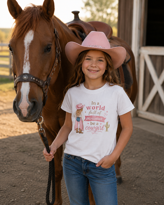 "In a world full of princesses be a cowgirl" Pink Western Graphic - Kids Tee
