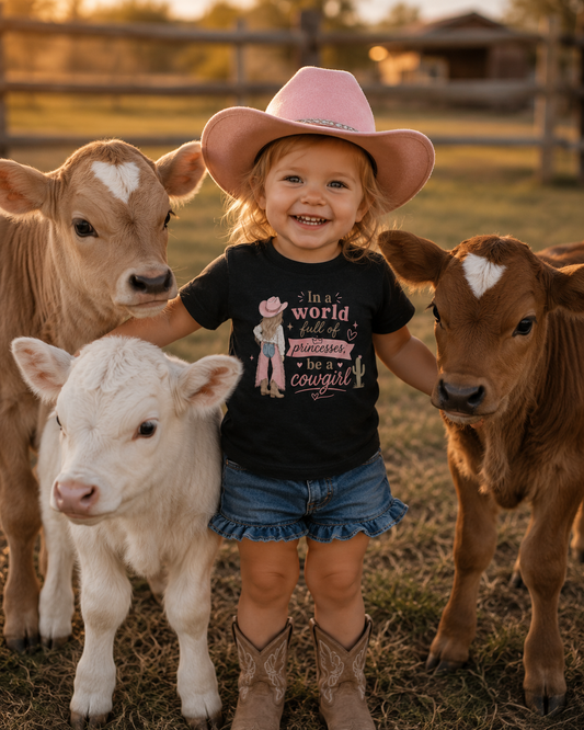 Toddler Cowgirl Tee — "In a World Full of Princesses, Be a Cowgirl" Pink Western Shirt