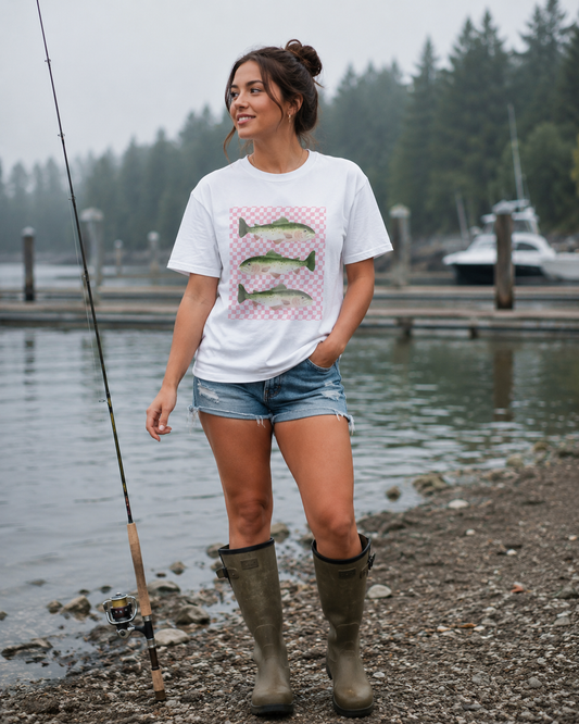 Three Vintage Fish T-Shirt | Pink Checkerboard Background