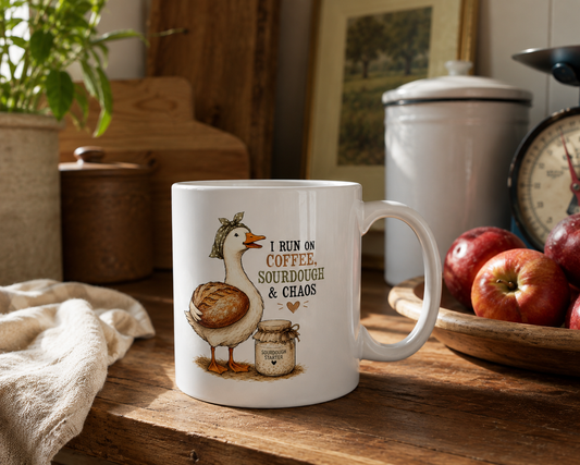 "I Run on Coffee, Sourdough & Chaos" Cute Goose Design - Coffee & Sourdough Mug