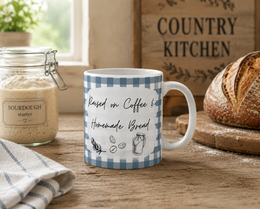 Mug with text on a wooden table with bread and flour