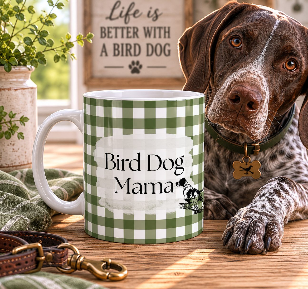 Bird Dog Mama Ceramic Mug — 11oz Green Gingham Coffee Cup