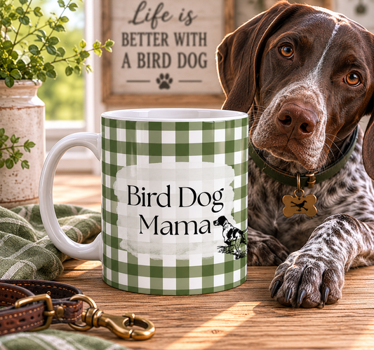 Bird Dog Mama Ceramic Mug — 11oz Green Gingham Coffee Cup