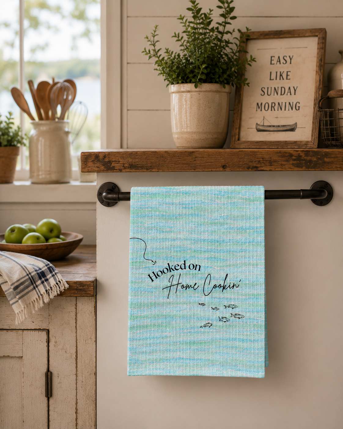 Kitchen Hand Towel — "Hooked on Home Cookin'" Teal Waffle Weave
