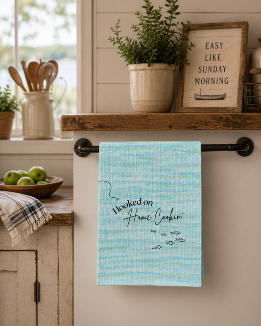 Kitchen Hand Towel — "Hooked on Home Cookin'" Teal Waffle Weave