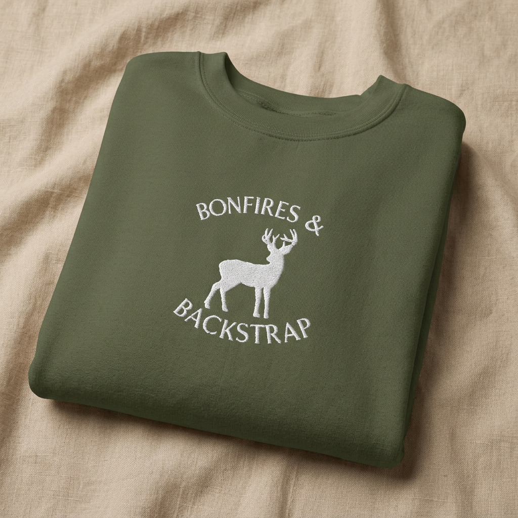 Bonfires & Backstrap Crewneck Sweatshirt | Country Hunting Sweatshirt | Unisex Fall Crewneck | Deer Sweatshirt | Rustic Outdoor Pullover