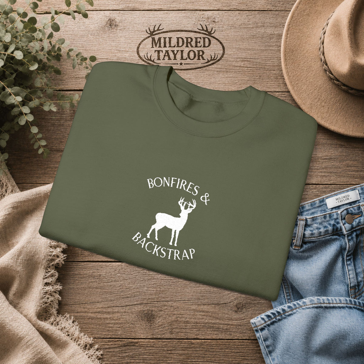 Bonfires & Backstrap Crewneck Sweatshirt | Country Hunting Sweatshirt | Unisex Fall Crewneck | Deer Sweatshirt | Rustic Outdoor Pullover