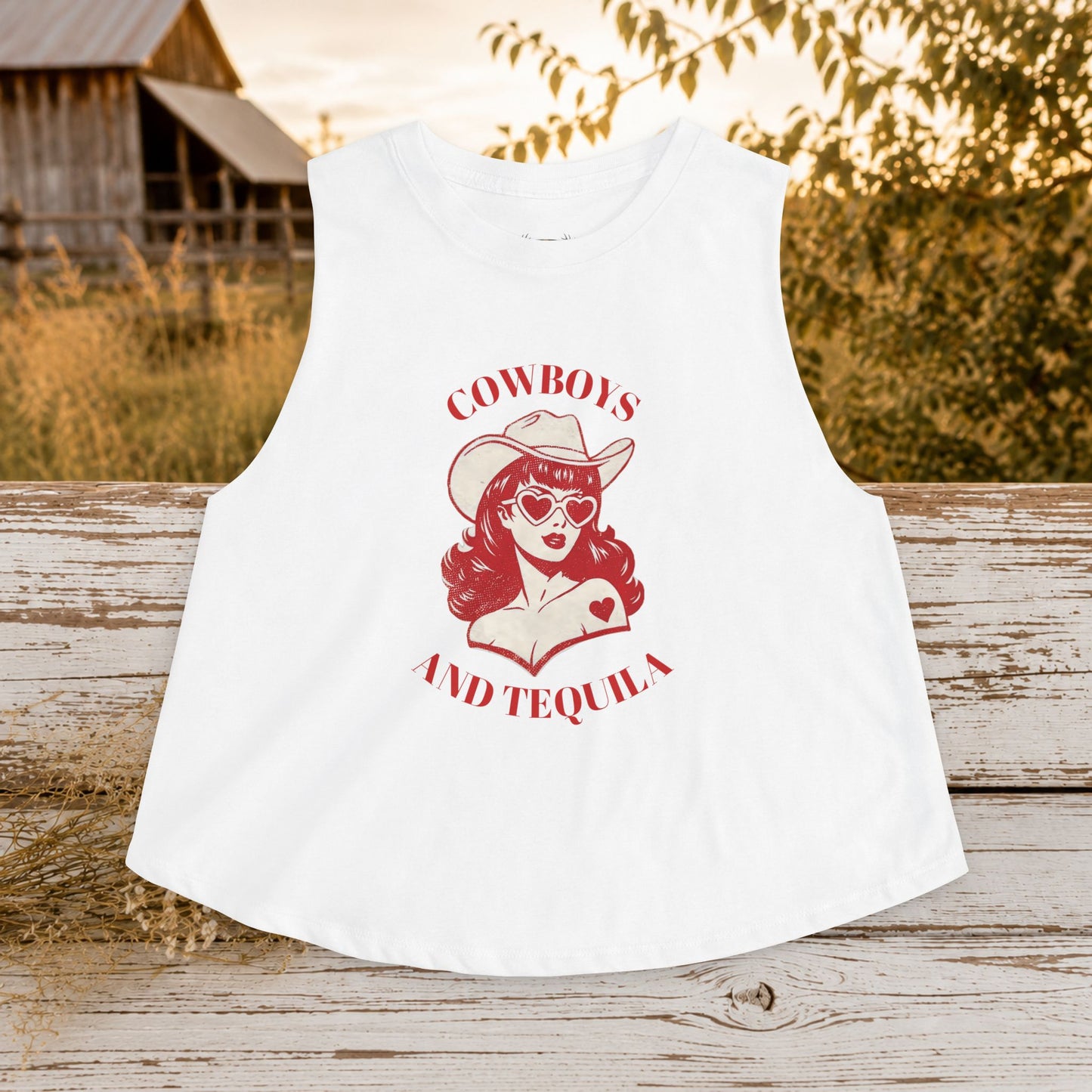 Cowboys and Tequila Crop Top — Retro Cowgirl Graphic Tank for Summer & Festivals