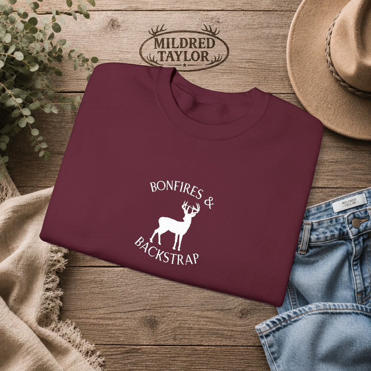 Bonfires & Backstrap Crewneck Sweatshirt | Country Hunting Sweatshirt | Unisex Fall Crewneck | Deer Sweatshirt | Rustic Outdoor Pullover