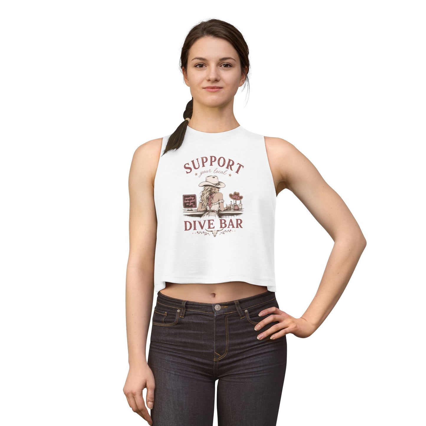 Support Your Local Dive Bar Crop Top — Vintage Cowgirl Bar Graphic Tank