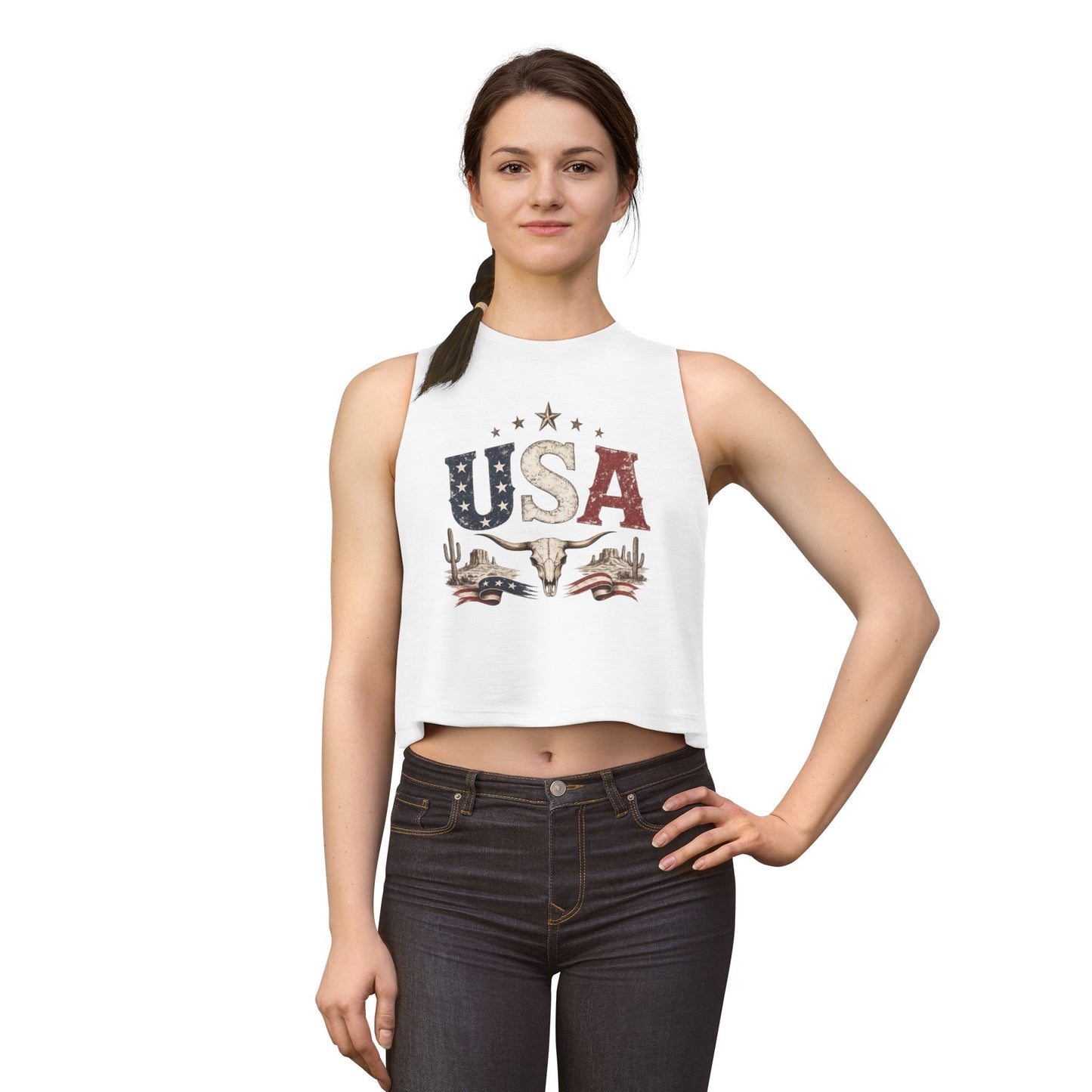 USA Western Skull Crop Top – Patriotic Cowgirl Tank