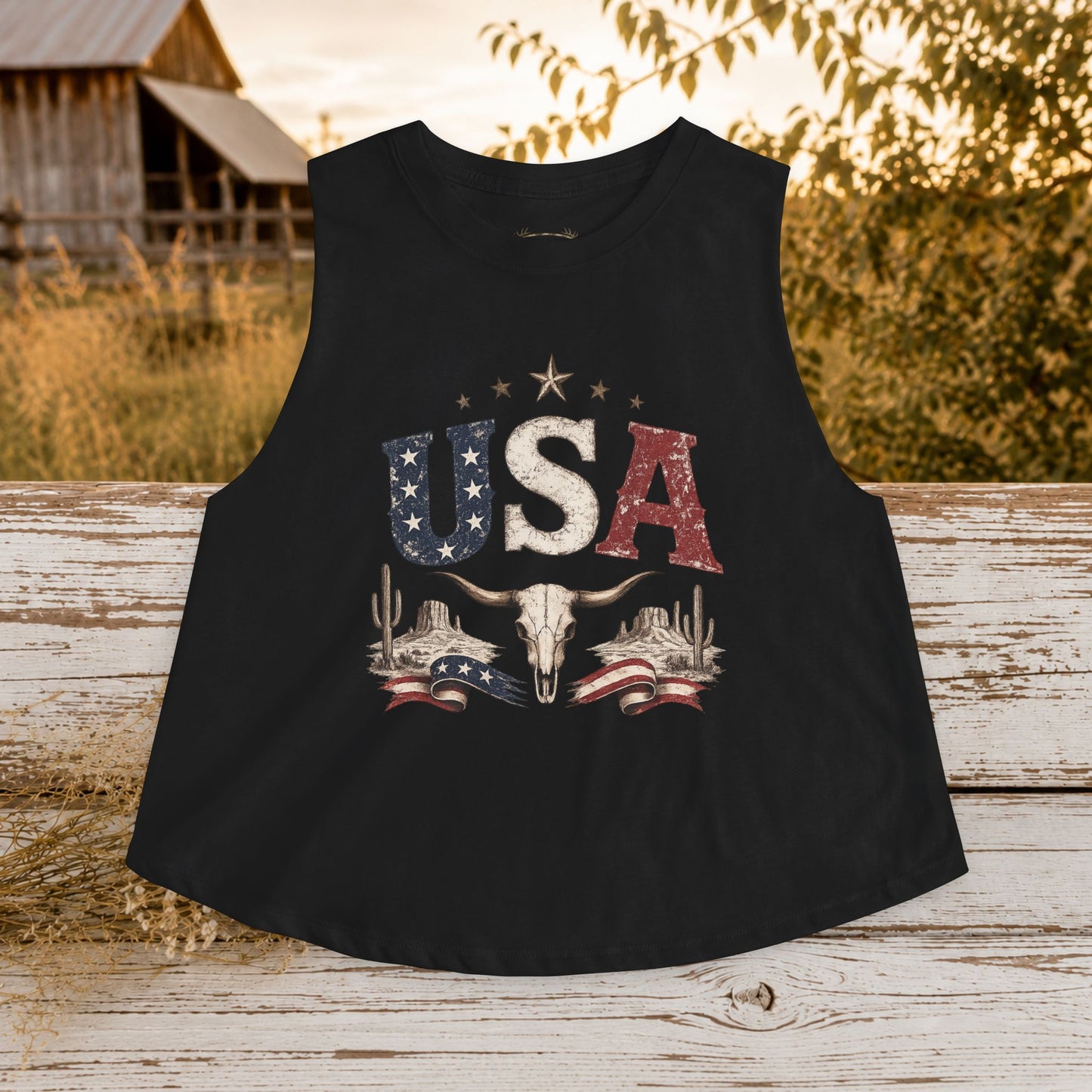 USA Western Skull Crop Top – Patriotic Cowgirl Tank
