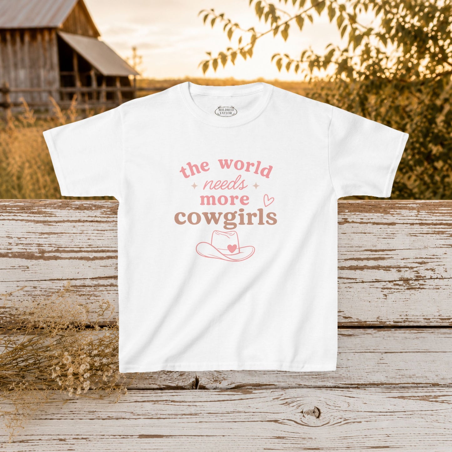 “The World Needs More Cowgirls” Pink Cowgirl Graphic - Kids Tee