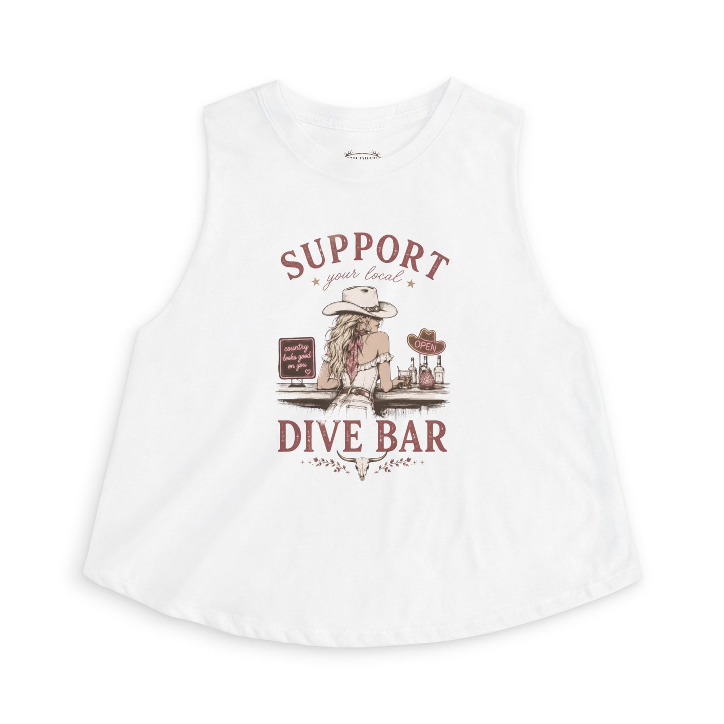 Support Your Local Dive Bar Crop Top — Vintage Cowgirl Bar Graphic Tank
