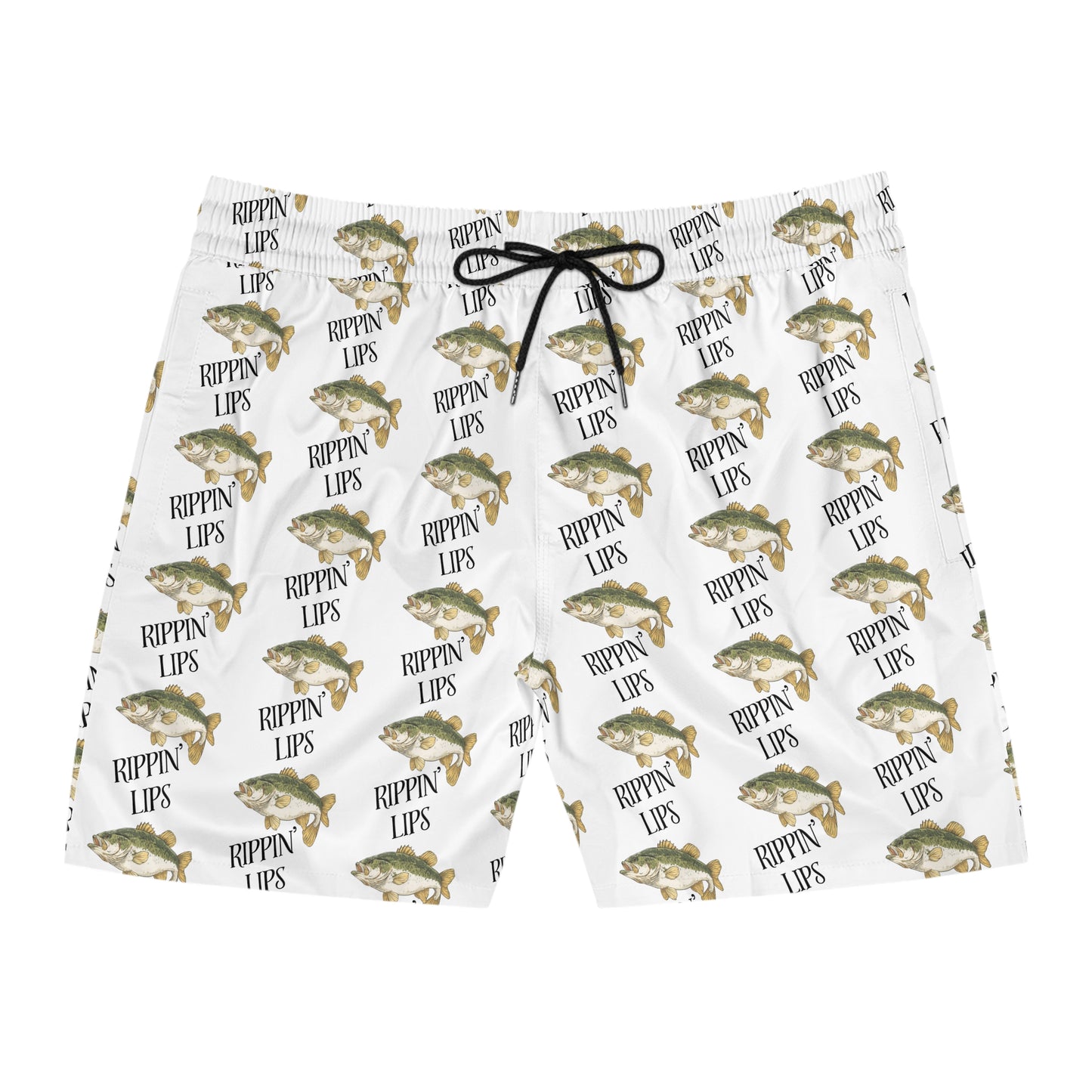 Fishing Swim Trunks — 'Rippin' Lips' Bass Pattern Mid-Length Lake Shorts