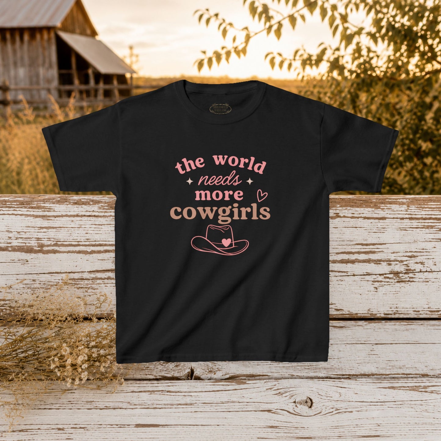 “The World Needs More Cowgirls” Pink Cowgirl Graphic - Kids Tee