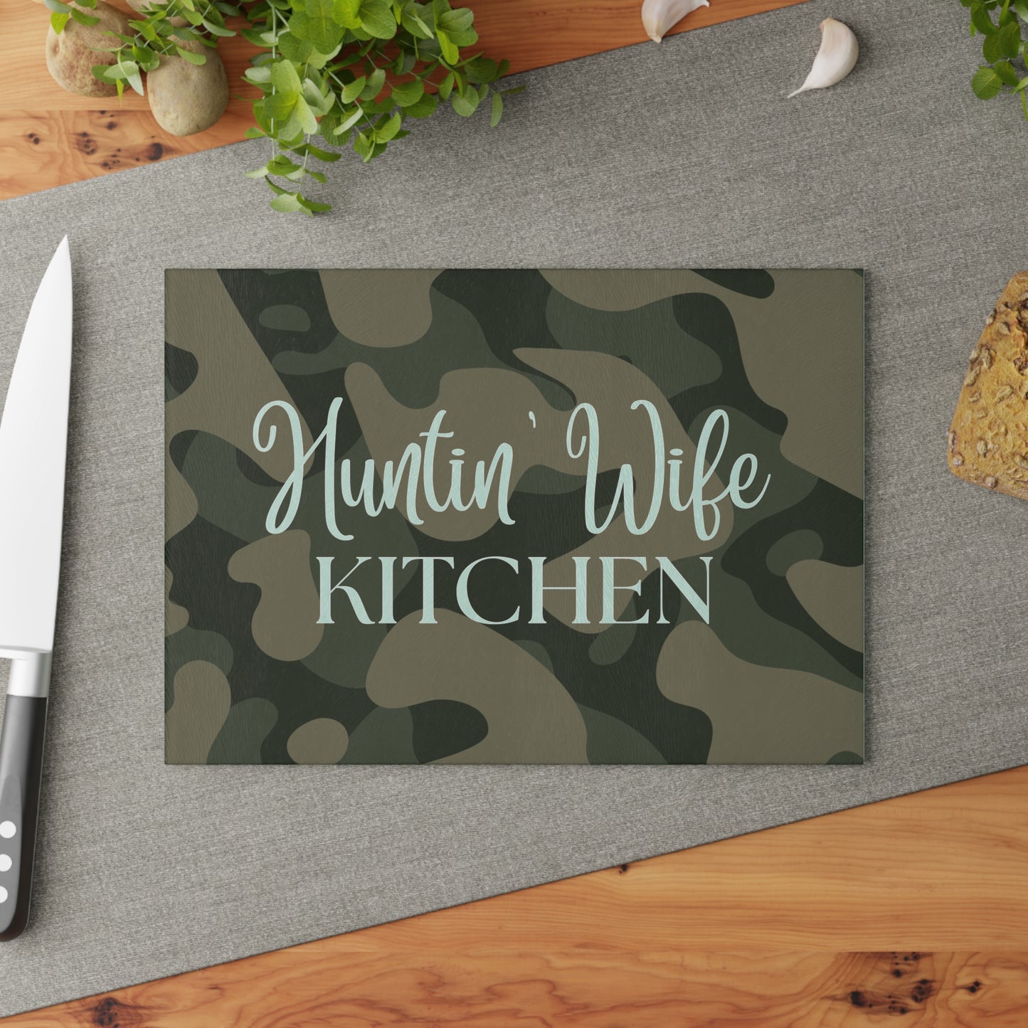 Glass Cutting Board — "Huntin' Wife Kitchen" Camo Decorative & Functional Cutting Board